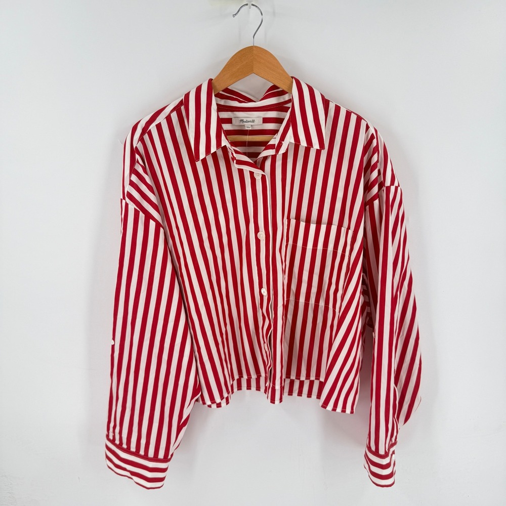 Madewell Striped Button Up Shirt Red Large NWT NU652 Boxy Cotton Coastal Preppy